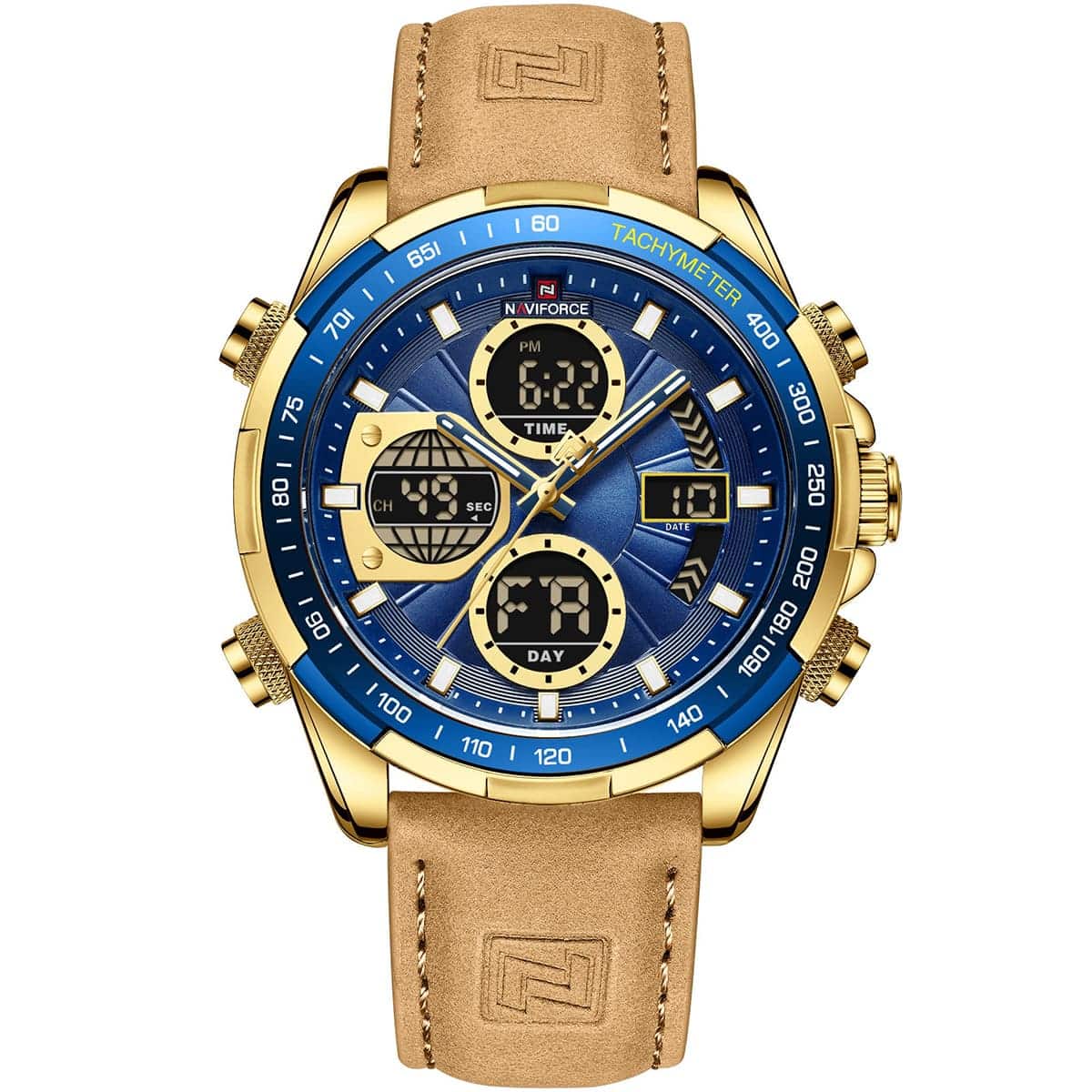 Naviforce NF9197L-G-BE-Y-BN Men's Analog-Digital Watch – Blue Dial & Brown Leather Strap