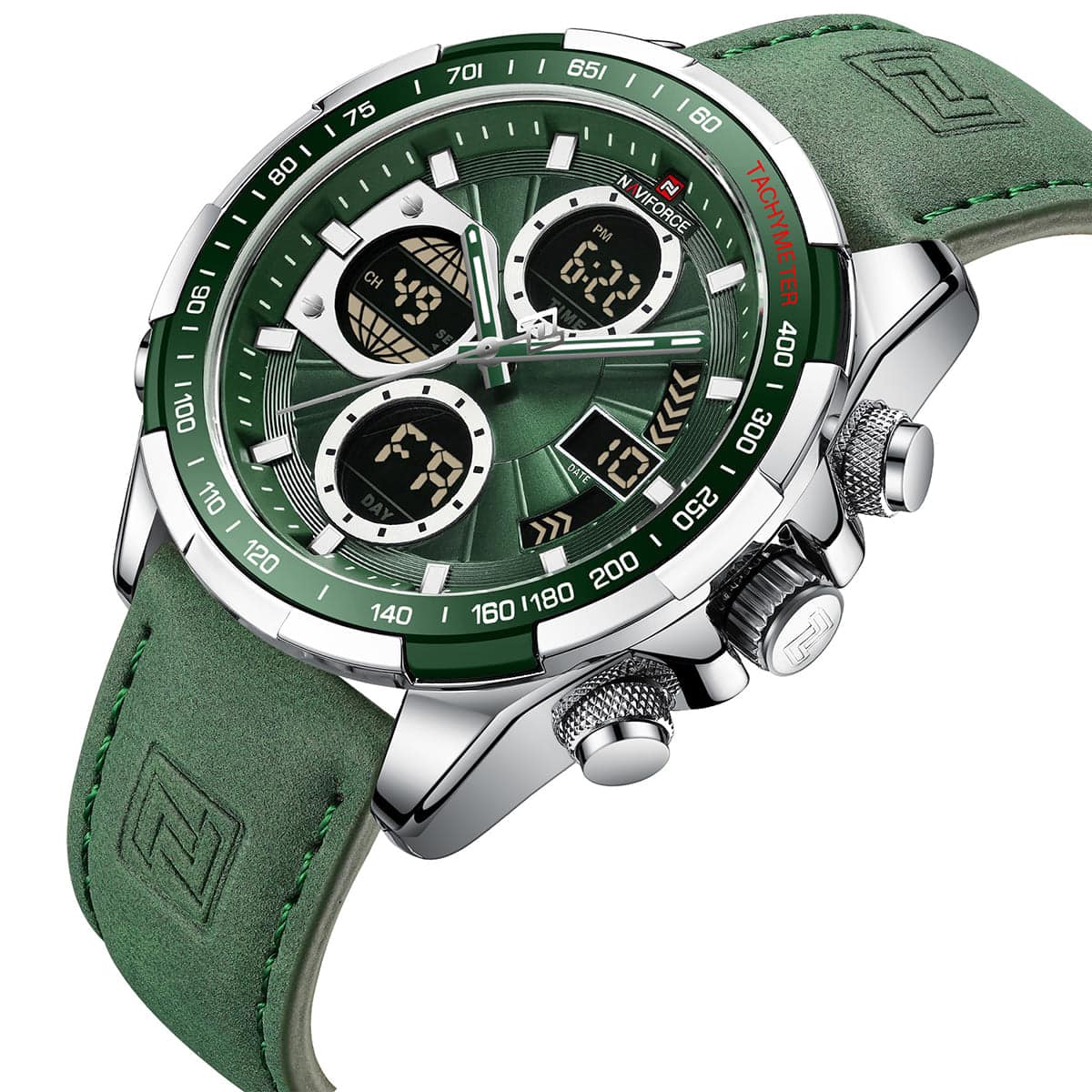 Naviforce NF9197L-S-GN-GN Men's Analog-Digital Watch – Silver Case, Green Dial & Green Leather Strap – view 2