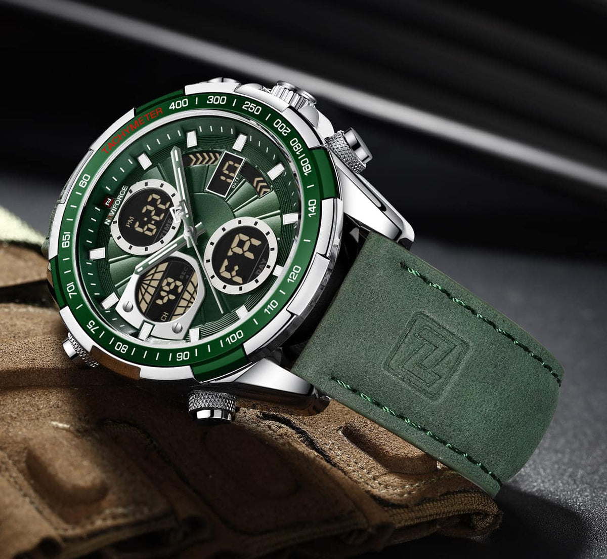 Naviforce NF9197L-S-GN-GN Men's Analog-Digital Watch – Silver Case, Green Dial & Green Leather Strap – view 4