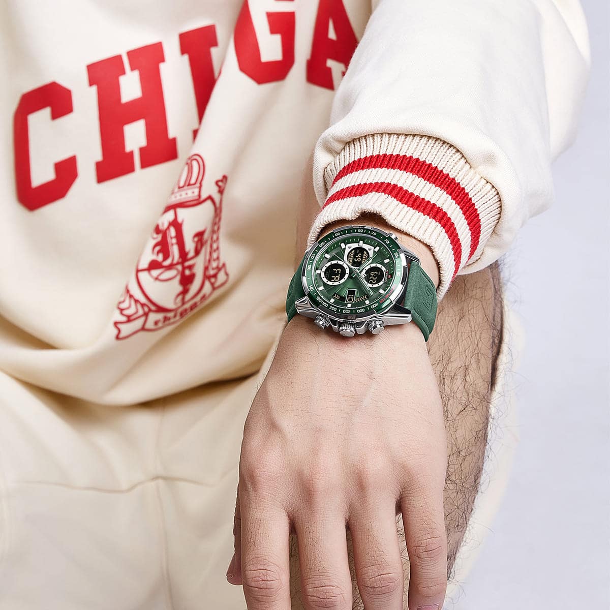 Naviforce NF9197L-S-GN-GN Men's Analog-Digital Watch – Silver Case, Green Dial & Green Leather Strap – view 5