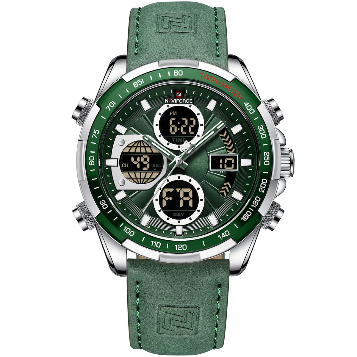 Naviforce NF9197L-S-GN-GN Men's Analog-Digital Watch – Silver Case, Green Dial & Green Leather Strap