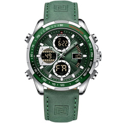 Naviforce NF9197L-S-GN-GN Men's Analog-Digital Watch – Silver Case, Green Dial & Green Leather Strap
