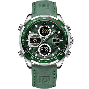 Naviforce NF9197L-S-GN-GN Men's Analog-Digital Watch – Silver Case, Green Dial & Green Leather Strap