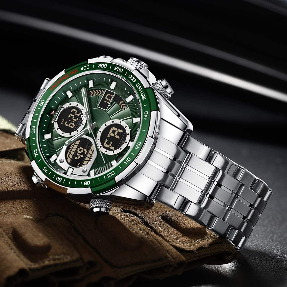 Naviforce NF9197S-S-S-GN Men's Digital-Analog Chronograph – Green Dial & Silver Steel Strap – view 3