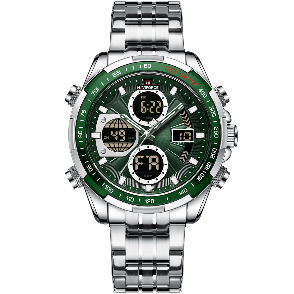 Naviforce NF9197S-S-S-GN Men's Digital-Analog Chronograph – Green Dial & Silver Steel Strap