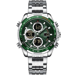 Naviforce NF9197S-S-S-GN Men's Digital-Analog Chronograph – Green Dial & Silver Steel Strap