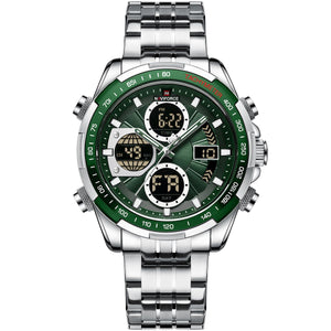 Naviforce NF9197S-S-S-GN Men's Digital-Analog Chronograph – Green Dial & Silver Steel Strap