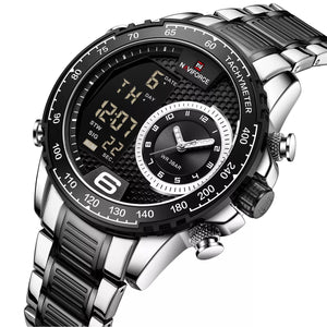 Naviforce NF9199S-S-B Men's Round Digital-Analog Watch – Silver Case, Black Dial & Silver & Black Metal Strap – view 2