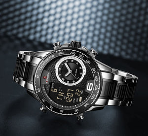 Naviforce NF9199S-S-B Men's Round Digital-Analog Watch – Silver Case, Black Dial & Silver & Black Metal Strap – view 4