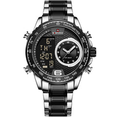 Naviforce NF9199S-S-B Men's Round Digital-Analog Watch – Silver Case, Black Dial & Silver & Black Metal Strap