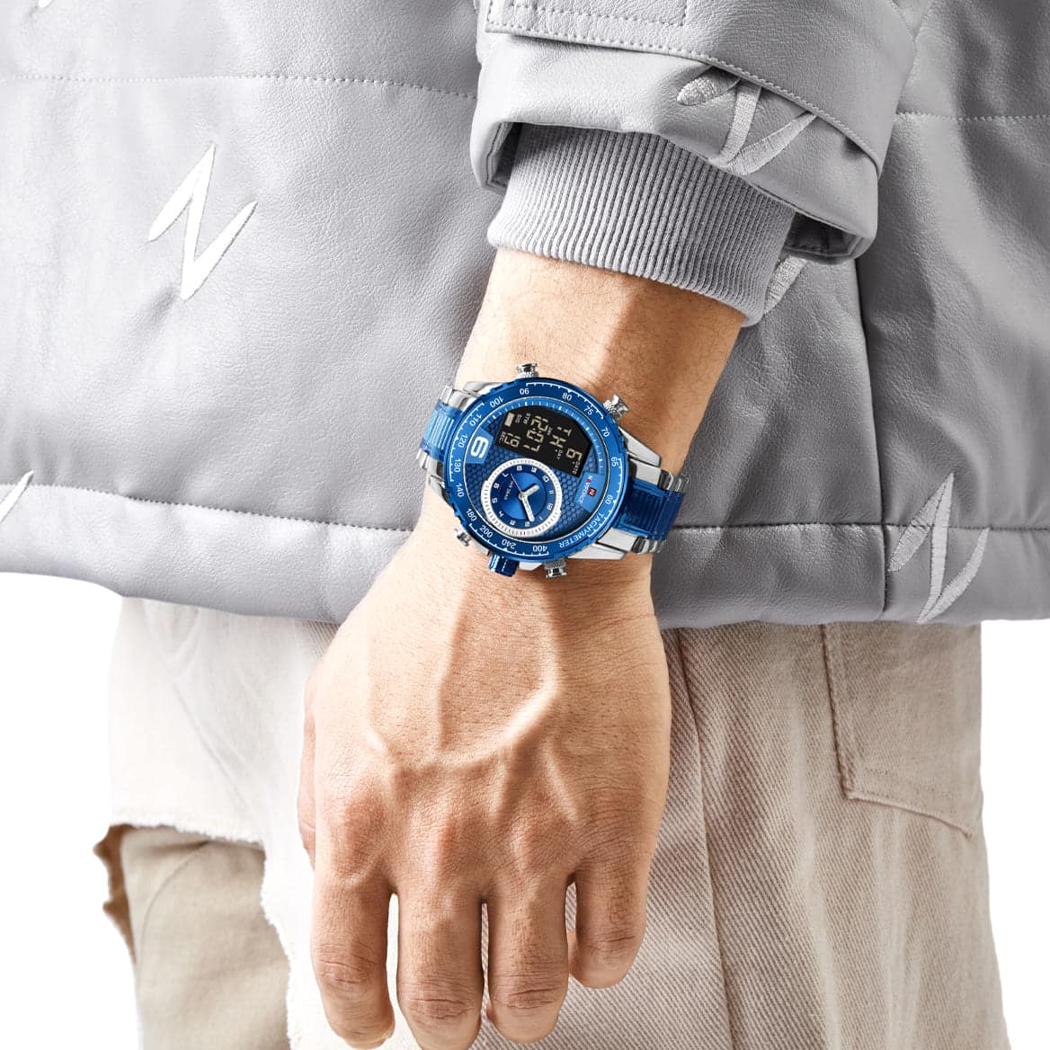 Naviforce NF9199S-S-BE Men's Round Digital-Analog Watch – Silver Case, Blue Dial & Silver & Blue Metal Strap – view 3