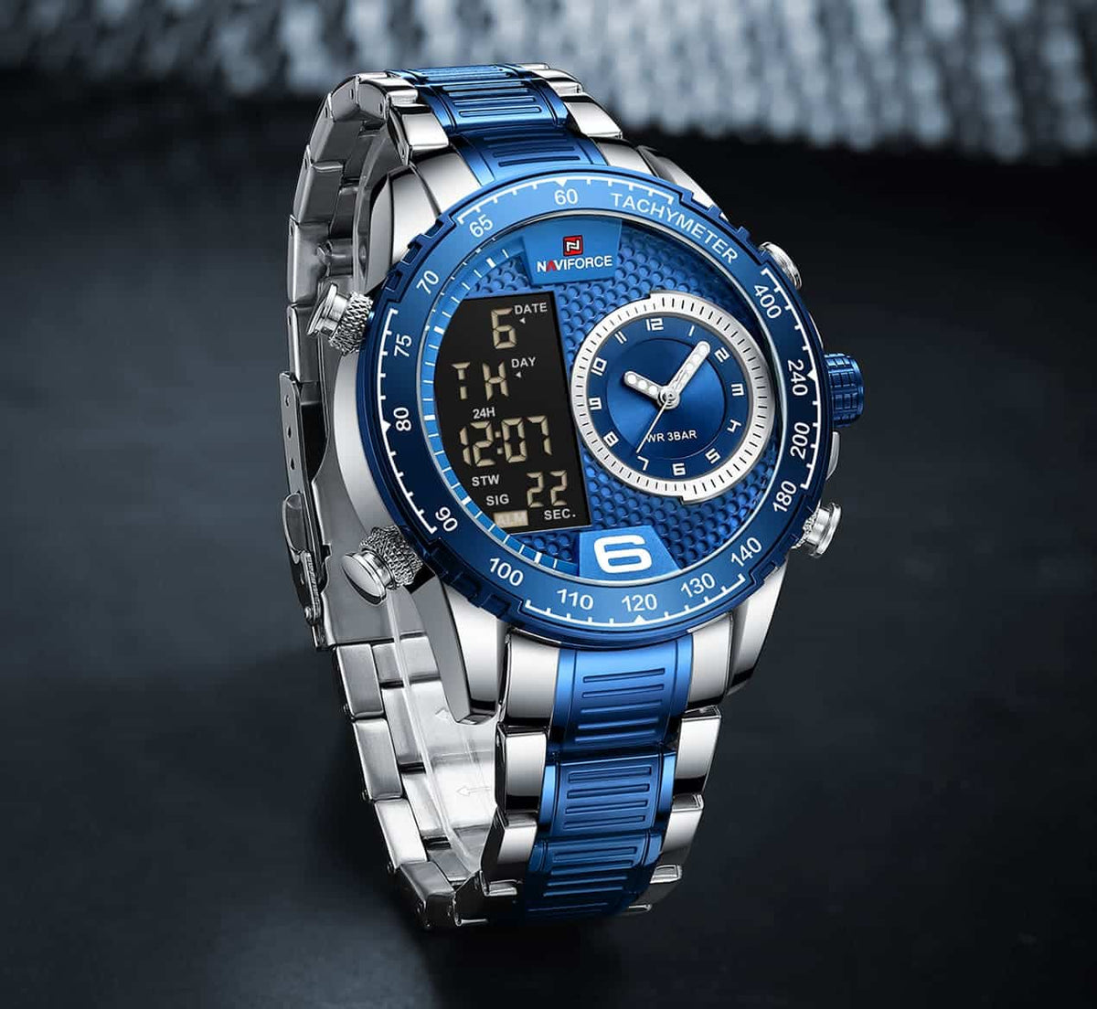 Naviforce NF9199S-S-BE Men's Round Digital-Analog Watch – Silver Case, Blue Dial & Silver & Blue Metal Strap – view 4