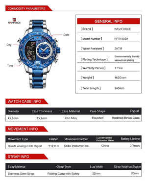 Naviforce NF9199S-S-BE Men's Round Digital-Analog Watch – Silver Case, Blue Dial & Silver & Blue Metal Strap – view 6