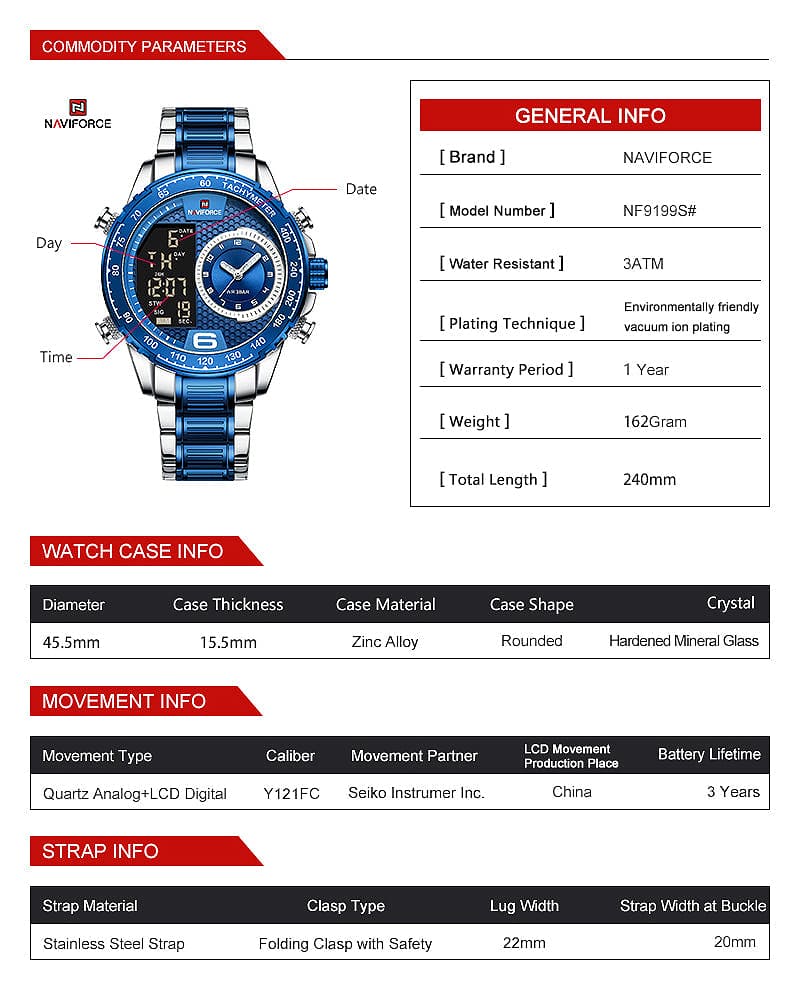 Naviforce NF9199S-S-BE Men's Round Digital-Analog Watch – Silver Case, Blue Dial & Silver & Blue Metal Strap – view 6