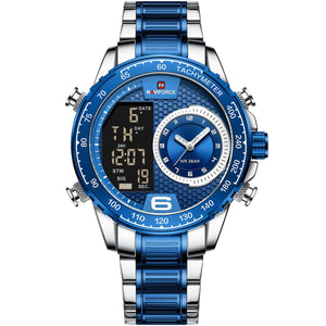 Naviforce NF9199S-S-BE Men's Round Digital-Analog Watch – Silver Case, Blue Dial & Silver & Blue Metal Strap