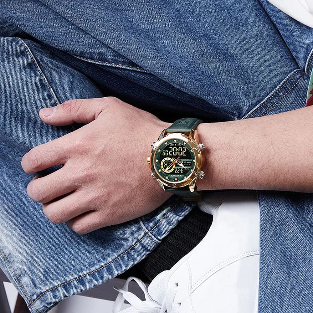 Naviforce NF9208-G-GN-GN Men's Digital-Analog Watch – Gold Case, Green Dial & Green Leather Strap – view 4