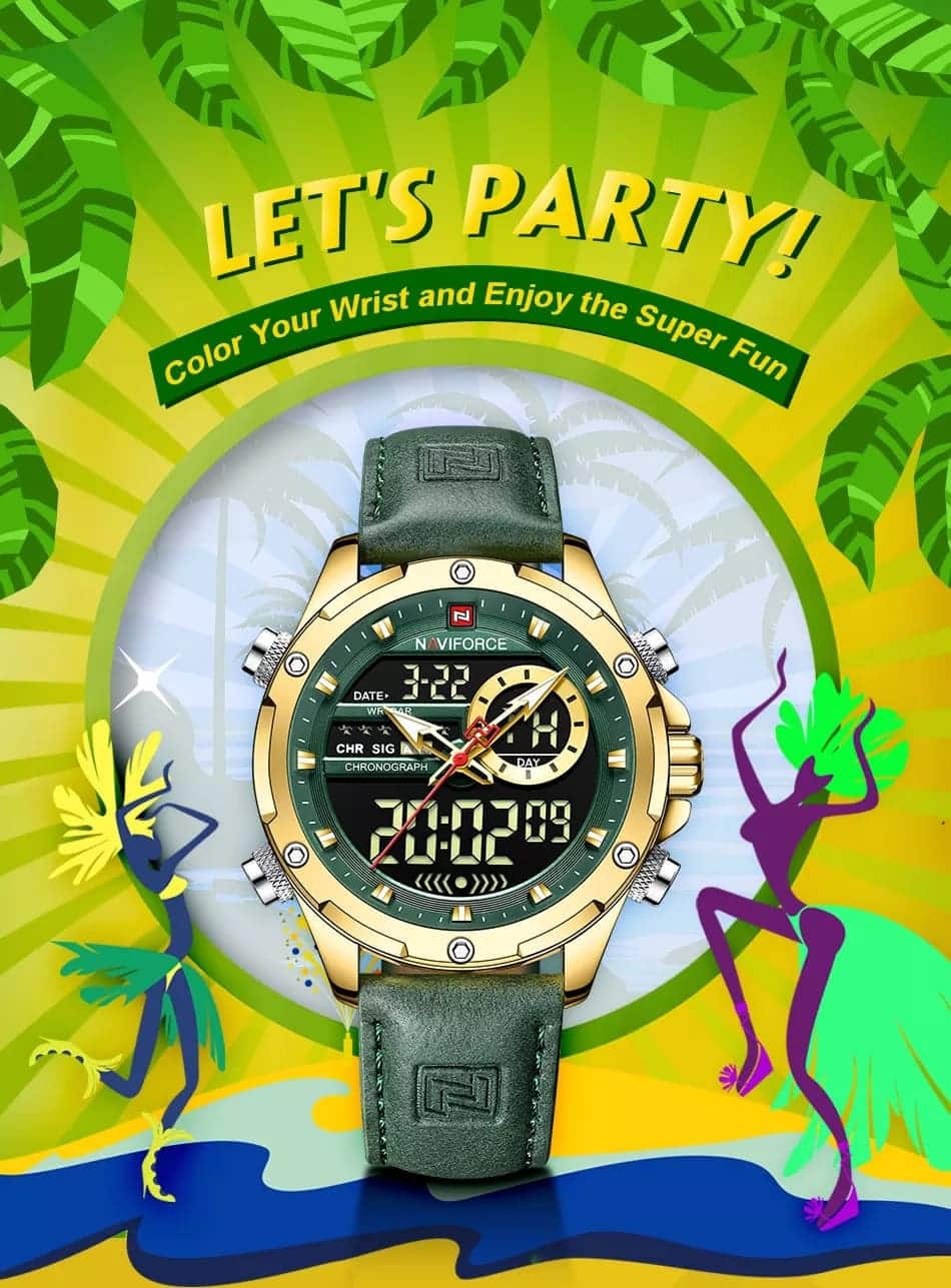 Naviforce NF9208-G-GN-GN Men's Digital-Analog Watch – Gold Case, Green Dial & Green Leather Strap – view 5