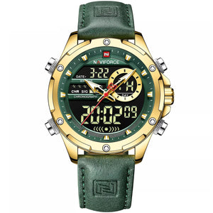 Naviforce NF9208-G-GN-GN Men's Digital-Analog Watch – Gold Case, Green Dial & Green Leather Strap