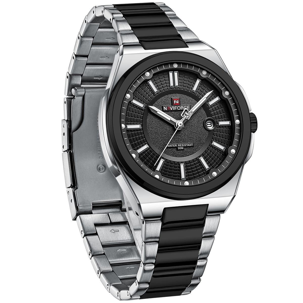 Naviforce NF9212-S-B Men's Watch – Black Dial & Silver-Black Steel Strap – view 3