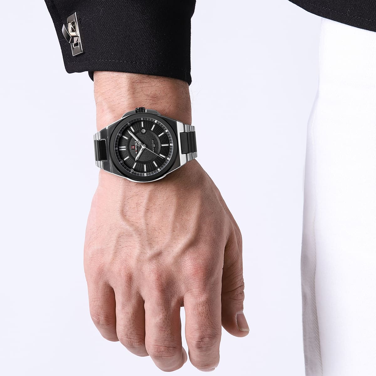 Naviforce NF9212-S-B Men's Watch – Black Dial & Silver-Black Steel Strap – view 5