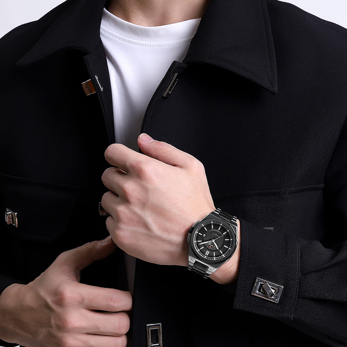 Naviforce NF9212-S-B Men's Watch – Black Dial & Silver-Black Steel Strap – view 6