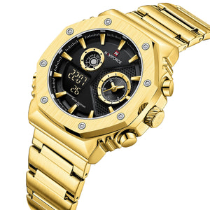 Naviforce NF9216S-G-B Men's Round Digital-Analog Watch – Gold Case, Black Dial & Gold Metal Strap – view 2
