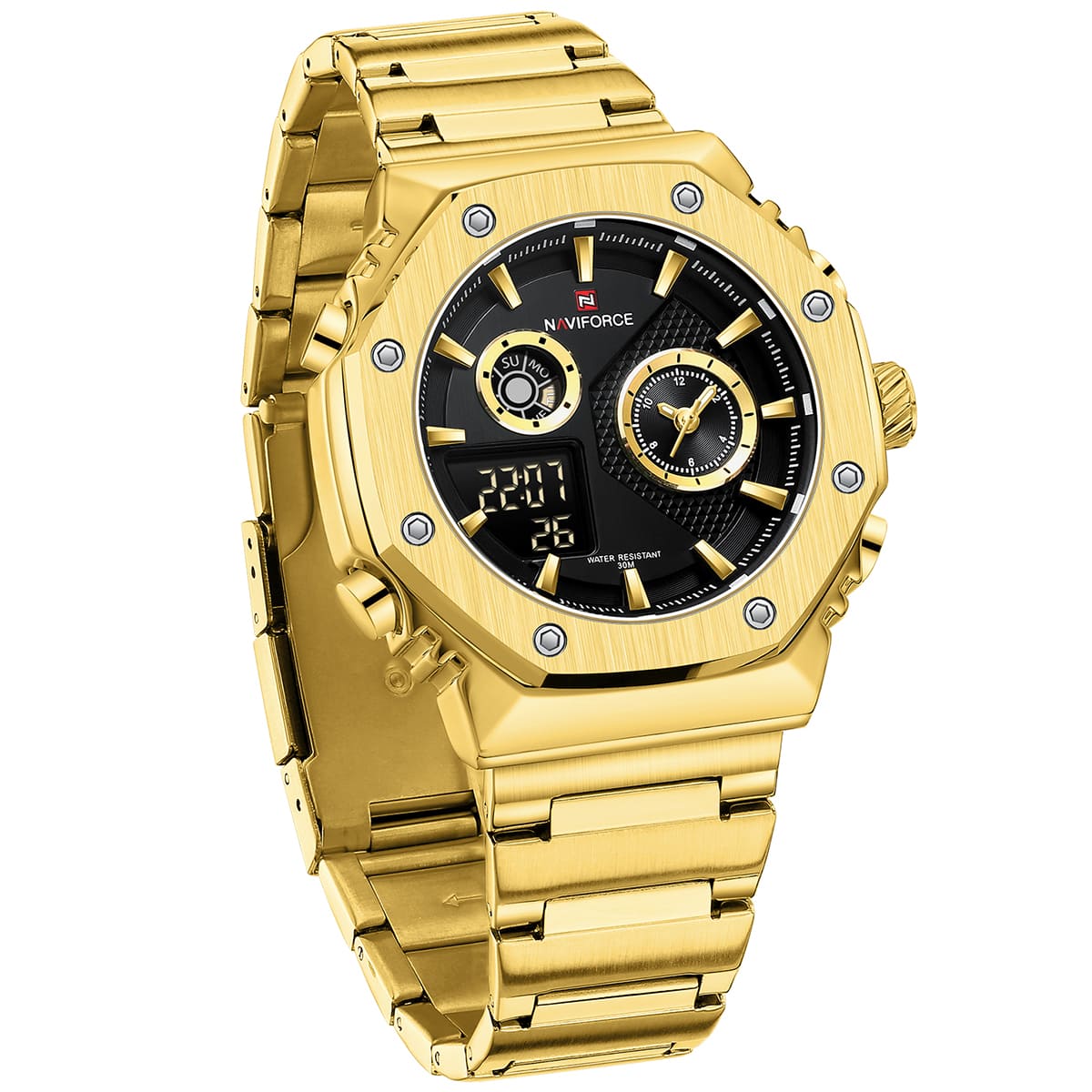 Naviforce NF9216S-G-B Men's Round Digital-Analog Watch – Gold Case, Black Dial & Gold Metal Strap – view 3