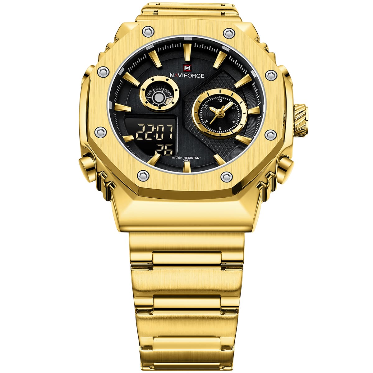 Naviforce NF9216S-G-B Men's Round Digital-Analog Watch – Gold Case, Black Dial & Gold Metal Strap – view 4