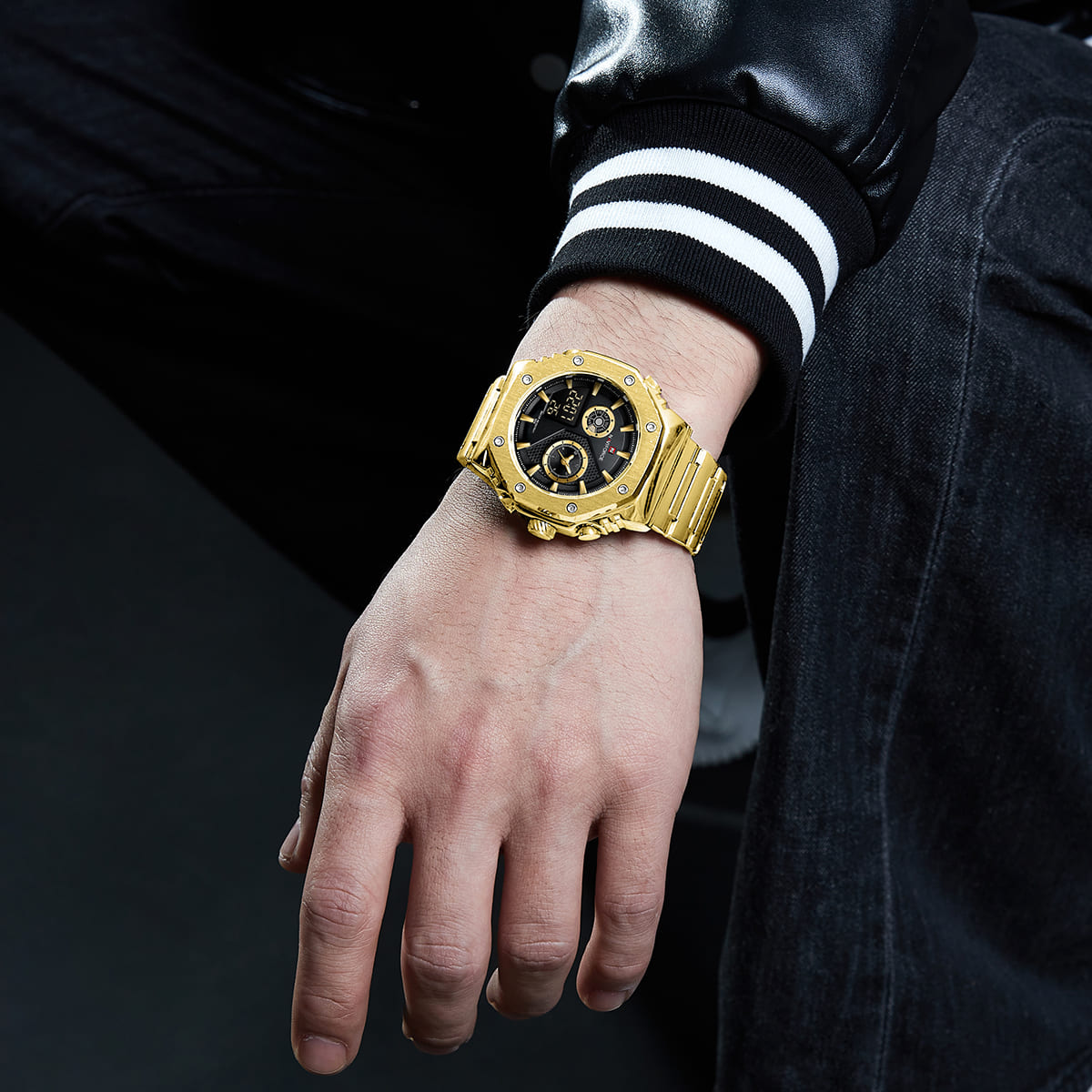 Naviforce NF9216S-G-B Men's Round Digital-Analog Watch – Gold Case, Black Dial & Gold Metal Strap – view 5