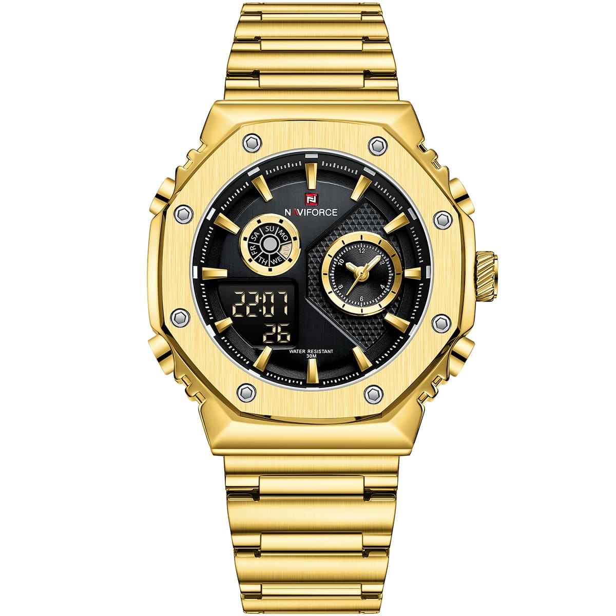 Naviforce NF9216S-G-B Men's Round Digital-Analog Watch – Gold Case, Black Dial & Gold Metal Strap