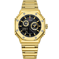 Naviforce NF9216S-G-B Men's Round Digital-Analog Watch – Gold Case, Black Dial & Gold Metal Strap