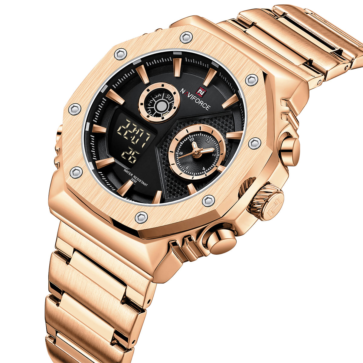 Naviforce NF9216S-RG-B Men's Round Digital-Analog Watch – Rose Gold Case, Black Dial & Rose Gold Metal Strap – view 2
