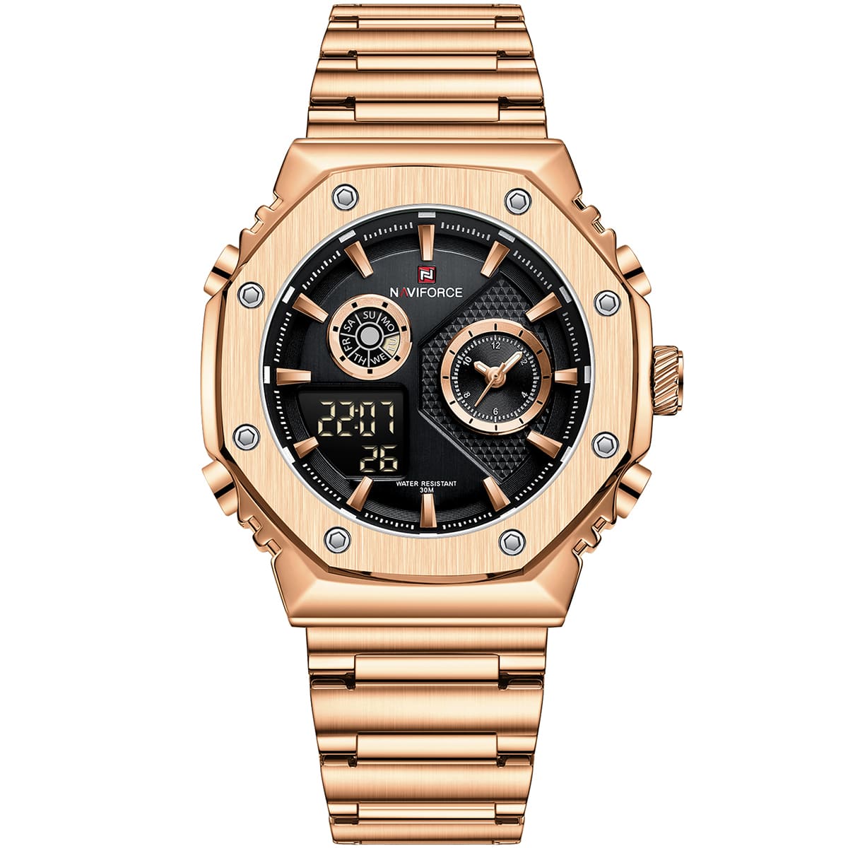 Naviforce NF9216S-RG-B Men's Round Digital-Analog Watch – Rose Gold Case, Black Dial & Rose Gold Metal Strap