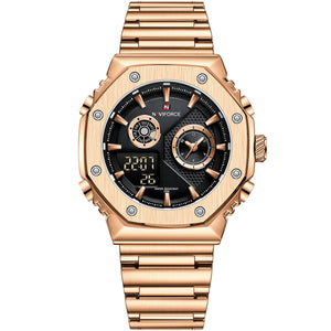 Naviforce NF9216S-RG-B Men's Round Digital-Analog Watch – Rose Gold Case, Black Dial & Rose Gold Metal Strap