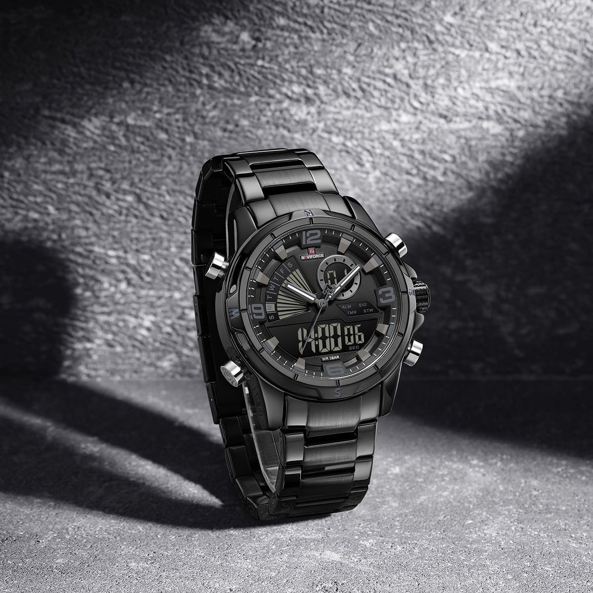 Naviforce NF9257-B-B-B Men's Digital-Analog Watch – Black Dial & Black Steel Strap – view 3