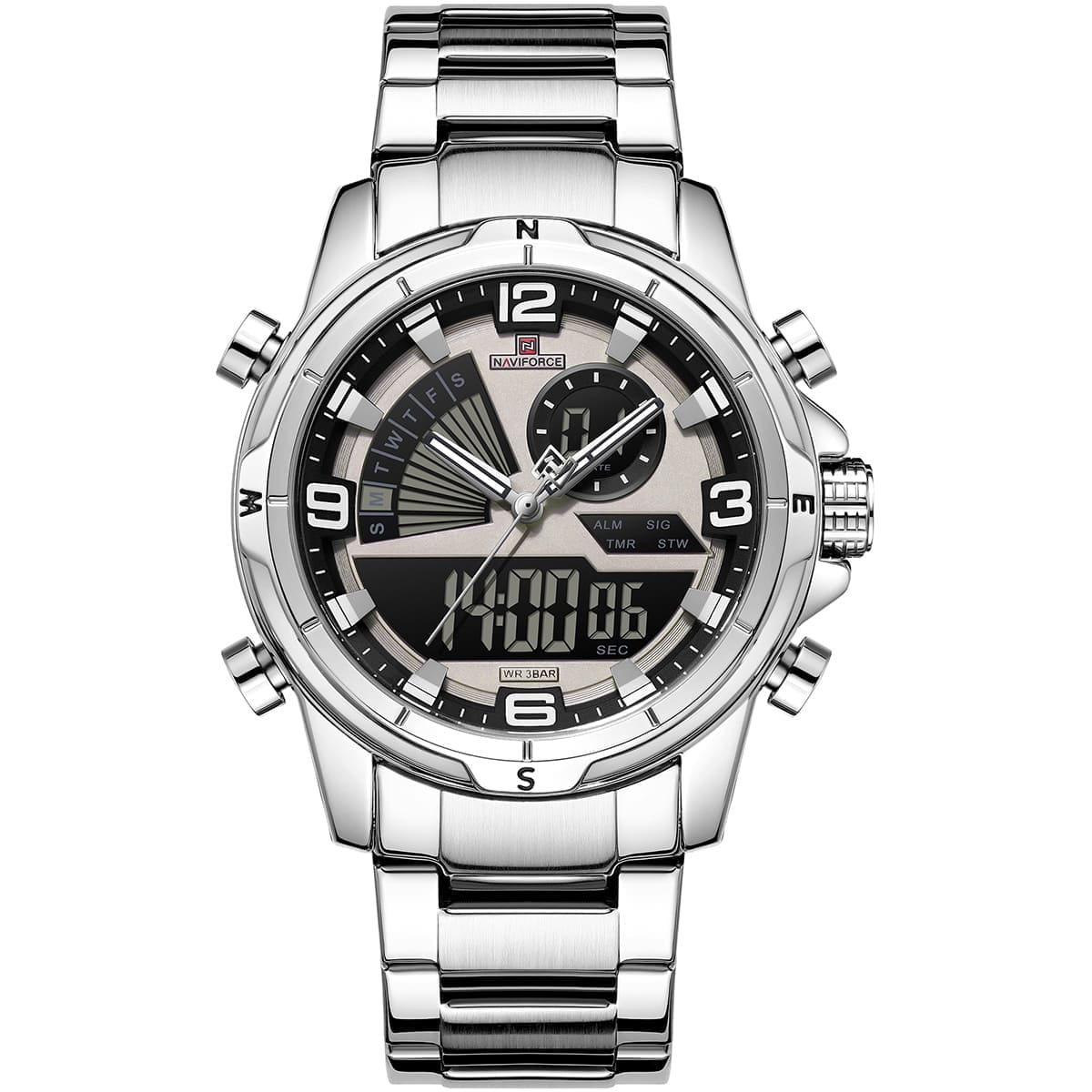 Naviforce NF9257-S-GY-S Men's Digital-Analog Watch – Gray Dial & Silver Steel Strap