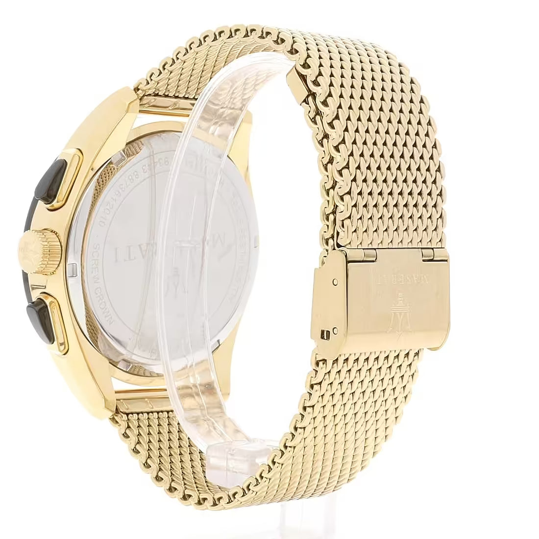 Caseback of Maserati Traguardo R8873612010 men's quartz battery watch showing technical specs 100m water resistance and mesh strap