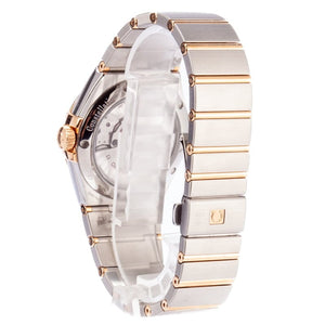 Omega Constellation 123.20.38.21.52.001 men's automatic watch, 38mm two-tone stainless steel and rose gold-tone case, silver dial, Roman numeral bezel, two-tone rose gold bracelet – back and clasp view