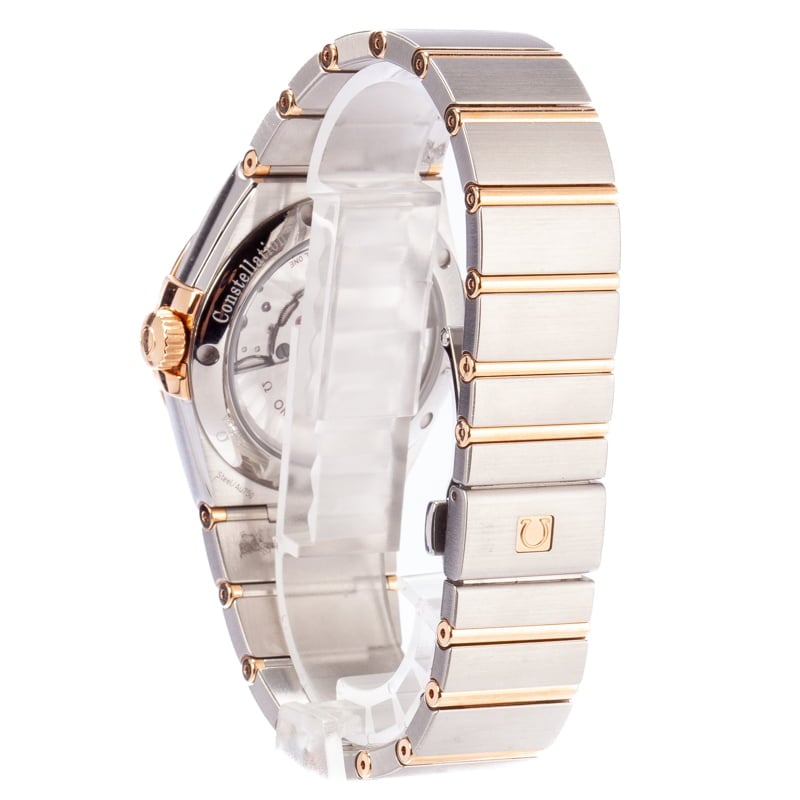 Omega Constellation 123.20.38.21.52.001 men's automatic watch, 38mm two-tone stainless steel and rose gold-tone case, silver dial, Roman numeral bezel, two-tone rose gold bracelet – back and clasp view