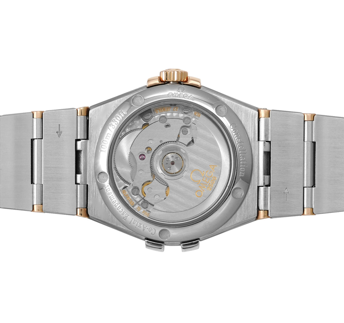Omega Constellation 123.20.38.21.52.001 men's automatic watch, 38mm two-tone stainless steel and rose gold-tone case, silver dial, Roman numeral bezel, two-tone rose gold bracelet – case back view