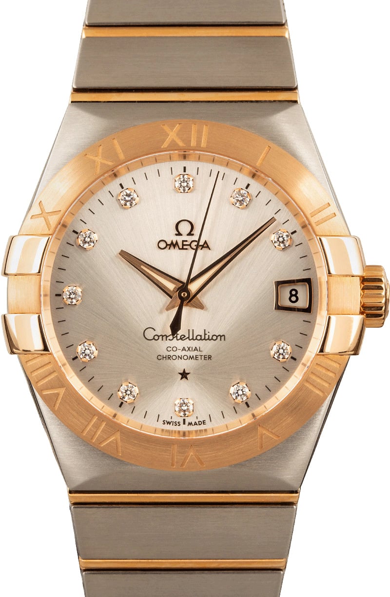 Omega Constellation 123.20.38.21.52.001 men's automatic watch, 38mm two-tone stainless steel and rose gold-tone case, silver dial, Roman numeral bezel, two-tone rose gold bracelet – front close-up view