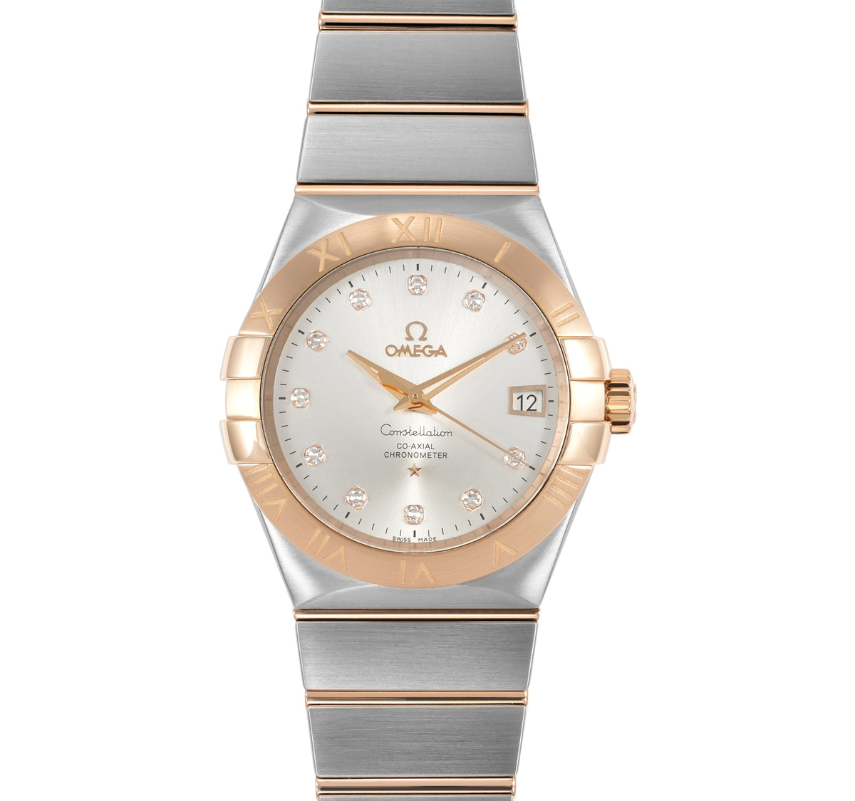 Omega Constellation 123.20.38.21.52.001 men's automatic watch, 38mm two-tone stainless steel and rose gold-tone case, silver dial, Roman numeral bezel, two-tone rose gold bracelet – front view on white background