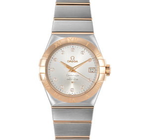 Omega Constellation 123.20.38.21.52.001 men's automatic watch, 38mm two-tone stainless steel and rose gold-tone case, silver dial, Roman numeral bezel, two-tone rose gold bracelet – front view on white background