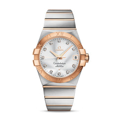 Omega Constellation 123.20.38.21.52.001 men's automatic watch, 38mm two-tone stainless steel and rose gold-tone case, silver dial, Roman numeral bezel, two-tone rose gold bracelet – front view