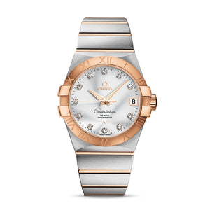 Omega Constellation 123.20.38.21.52.001 men's automatic watch, 38mm two-tone stainless steel and rose gold-tone case, silver dial, Roman numeral bezel, two-tone rose gold bracelet – front view