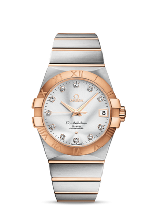 Omega Constellation 123.20.38.21.52.001 men's automatic watch, 38mm two-tone stainless steel and rose gold-tone case, silver dial, Roman numeral bezel, two-tone rose gold bracelet – full front view