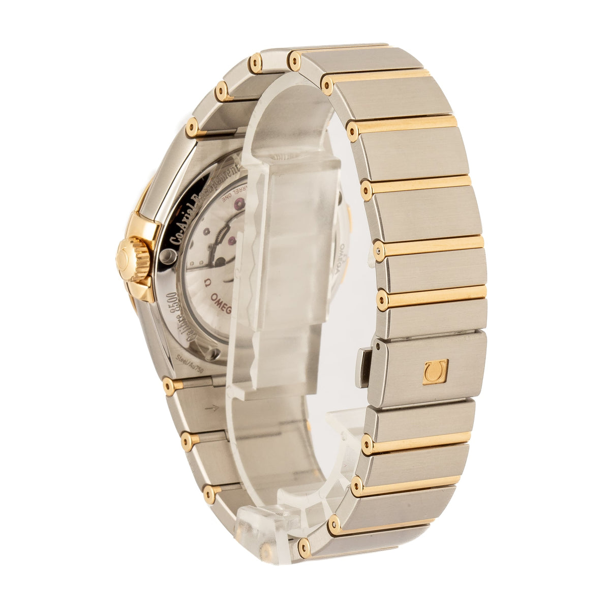 Omega Constellation 123.20.38.21.58.001 men's automatic watch, 38mm two-tone stainless steel and yellow gold-tone case, champagne Supernova dial, Roman numeral bezel, two-tone gold bracelet – back and clasp view