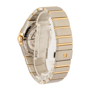 Omega Constellation 123.20.38.21.58.001 men's automatic watch, 38mm two-tone stainless steel and yellow gold-tone case, champagne Supernova dial, Roman numeral bezel, two-tone gold bracelet – back and clasp view