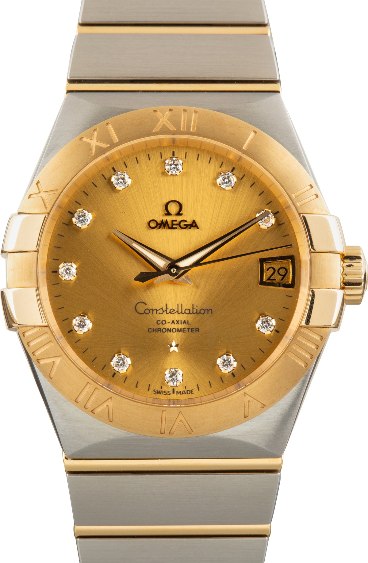 Omega Constellation 123.20.38.21.58.001 men's automatic watch, 38mm two-tone stainless steel and yellow gold-tone case, champagne Supernova dial, Roman numeral bezel, two-tone gold bracelet – front close-up view