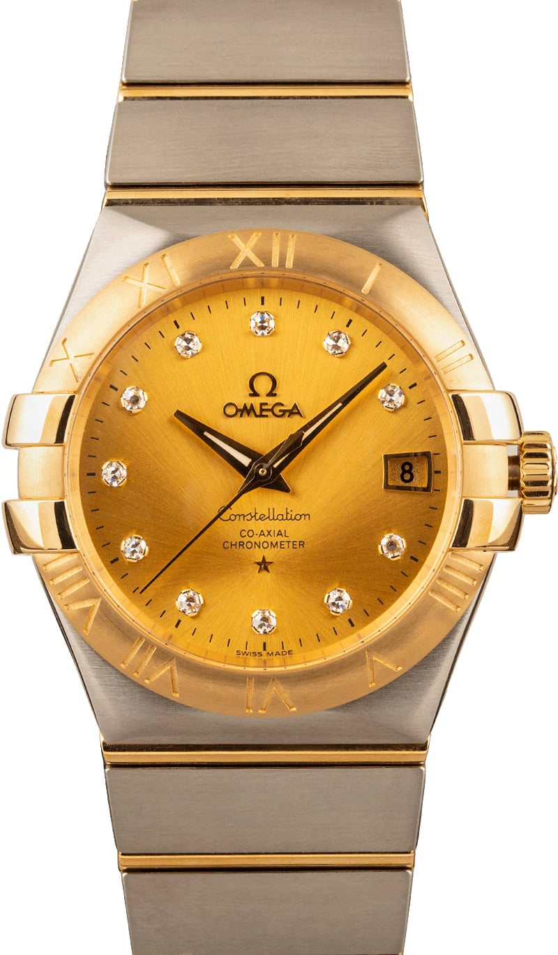 Omega Constellation 123.20.38.21.58.001 men's automatic watch, 38mm two-tone stainless steel and yellow gold-tone case, champagne Supernova dial, Roman numeral bezel, two-tone gold bracelet – front view, alternate